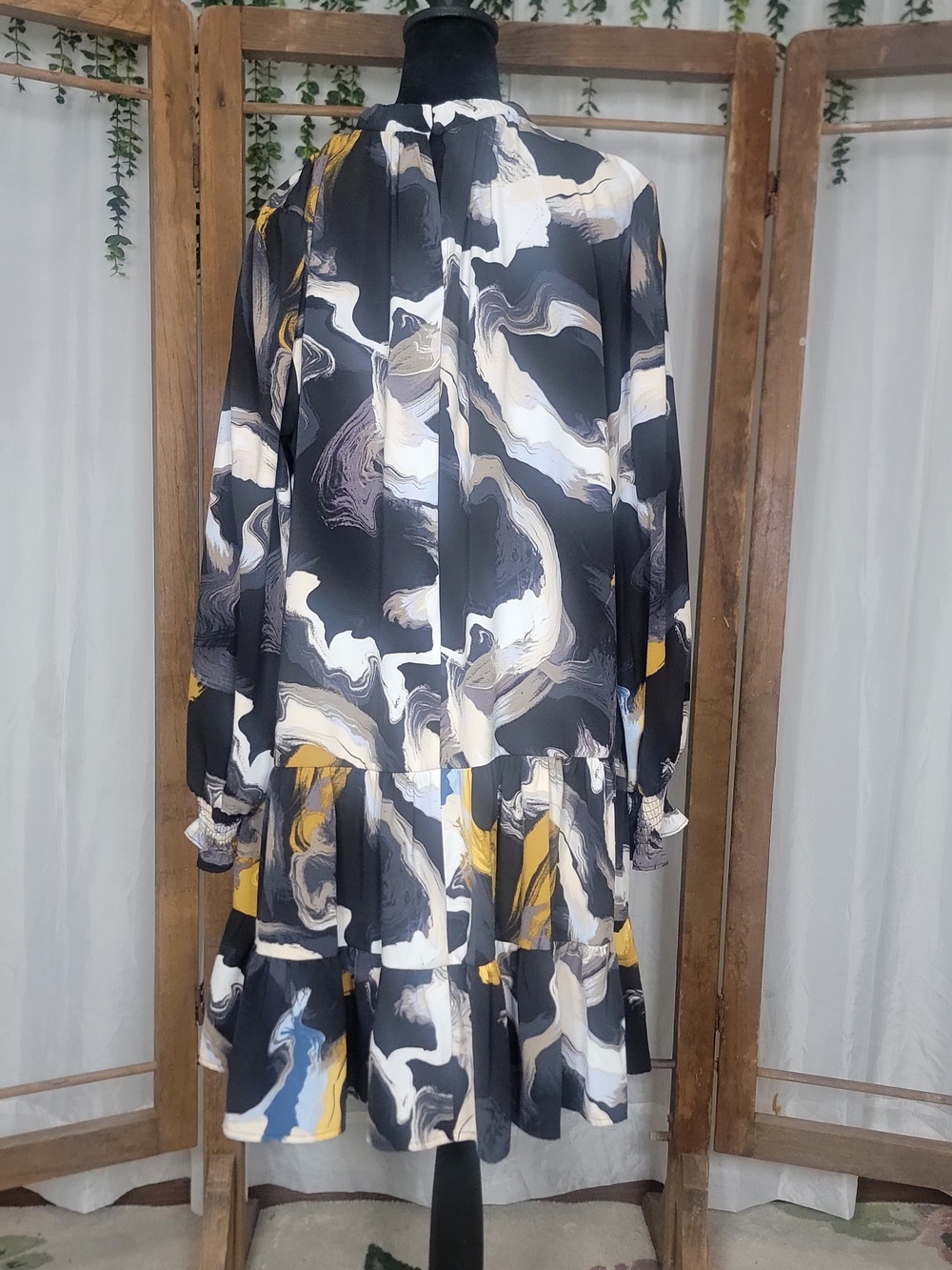 Abstract Print Tiered Ruffle Midi Dress Black Mustard Blue Boho - Picture 5 of 6